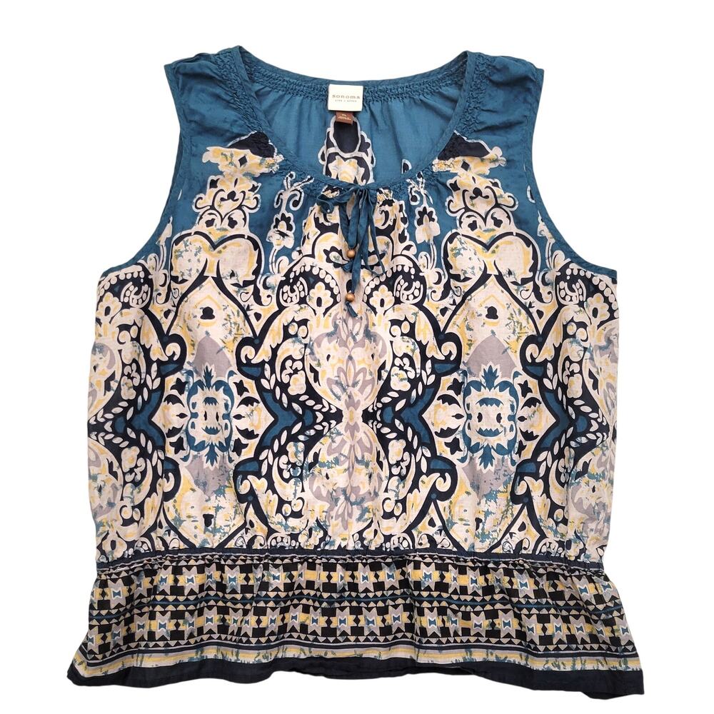 Sonoma 100% Cotton Peasant Blouse XL Blue Boho Medallion Sleeveless Eclectic